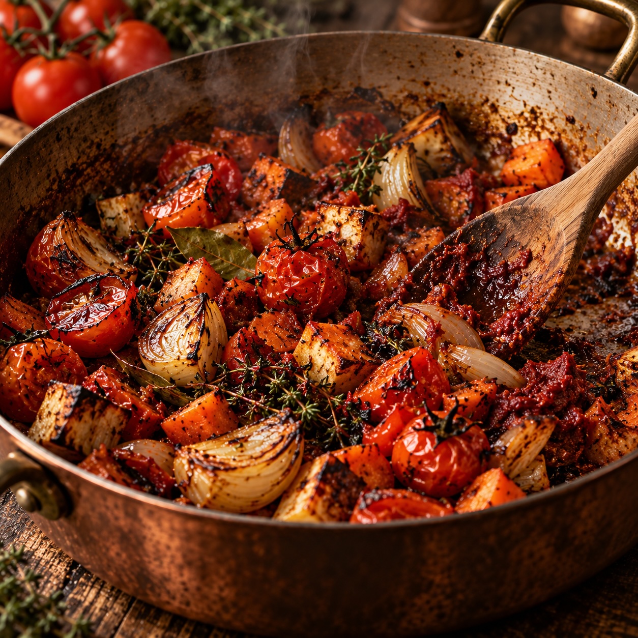 Geröstete Tomaten, Zwiebeln und Wurzelgemüse beim Ansetzen der Tomaten-Jus